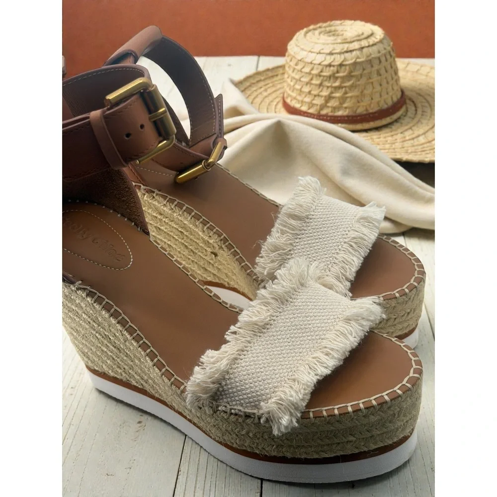 See by‎ Chloe Glyn Fringe Canvas Leather Espadrille Platform Wedge Sandals 38